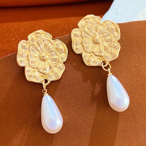 3/$35 Classic Flower Pearl Drop Dangle Earrings Gold Fashion Jewelry Women - Picture 6 of 6